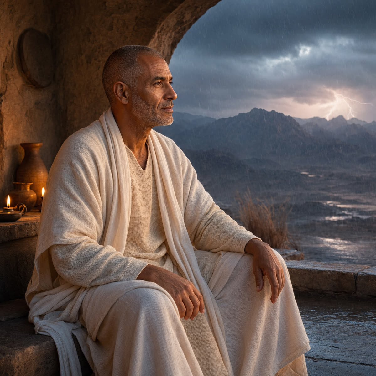 Kai Conscious watching a storm cross the desert valley